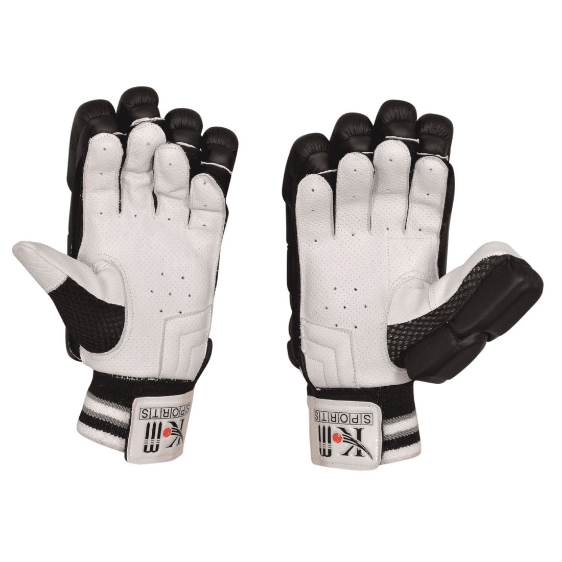 White and black premium cricket batting gloves with leather palm and ventilation panels for adult players — view 2