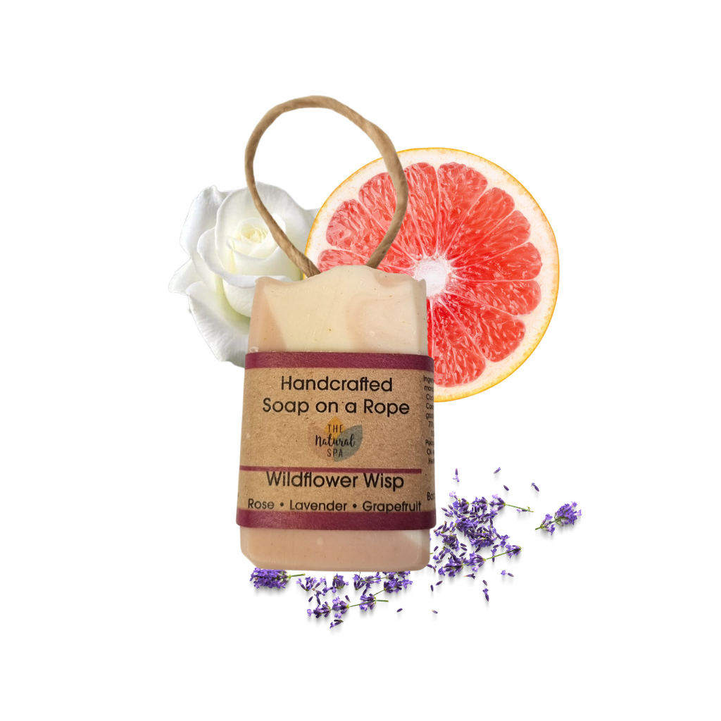 Wildflower wisp cold process soap bar with natural pink clay and oats in plastic free packaging — view 2