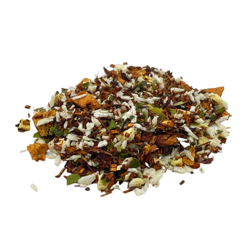 Tropical rooibos loose leaf tea blend with dried pineapple, coconut, and vanilla pieces
