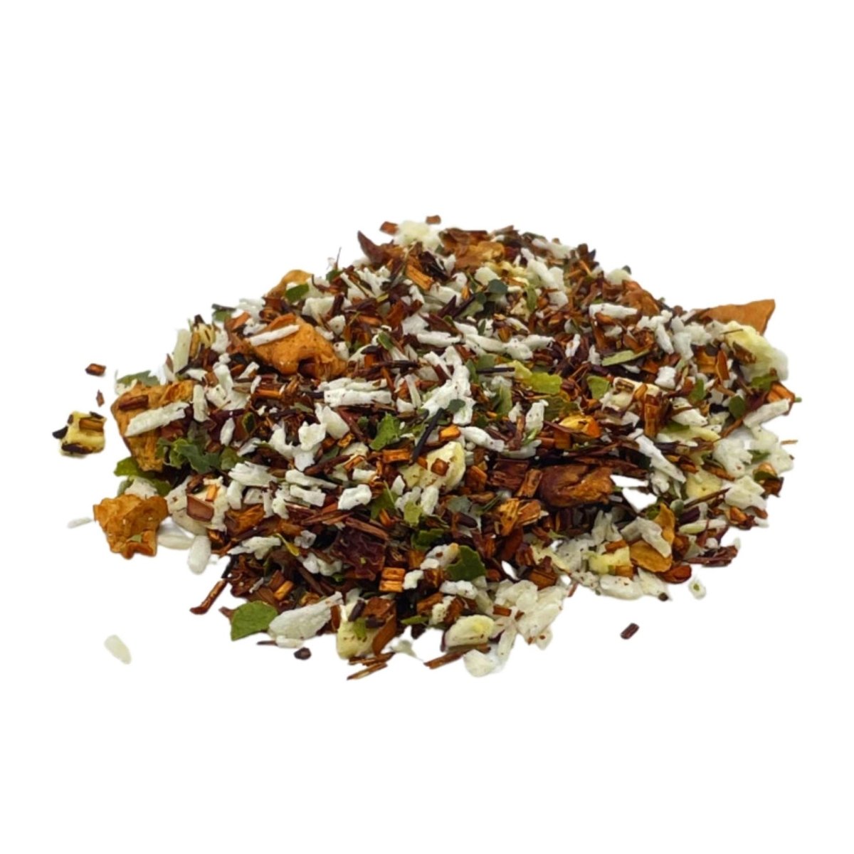 Tropical rooibos loose leaf tea blend with dried pineapple, coconut, and vanilla pieces