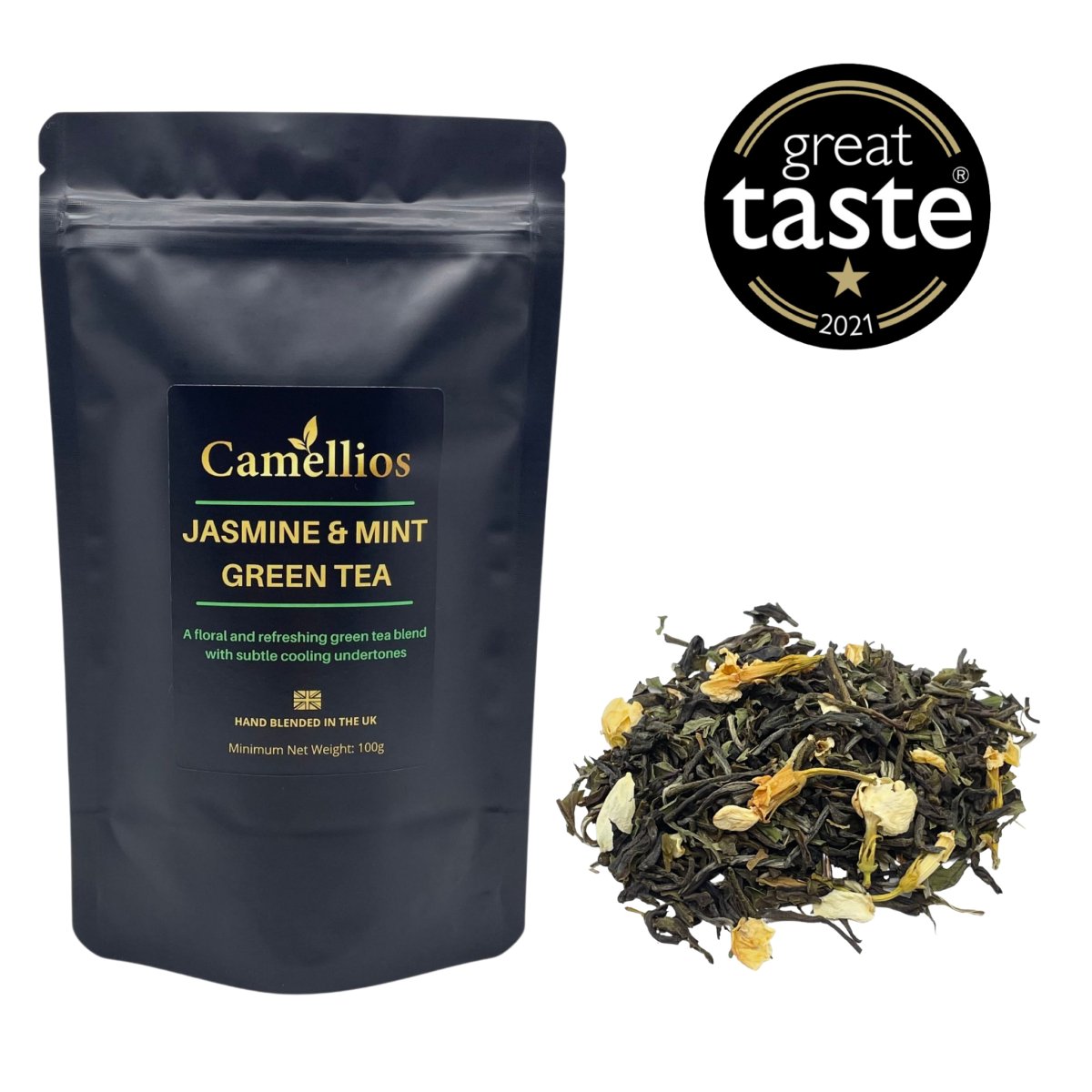 Loose leaf jasmine and mint green tea blend showing premium leaves peppermint and delicate blossoms — view 2