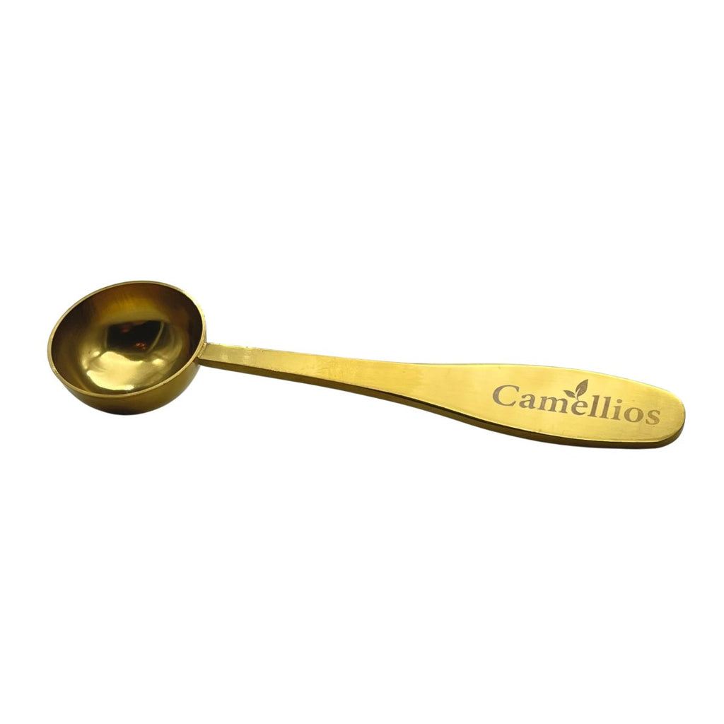 Sleek gold stainless steel tea measuring spoon with engraved logo for loose leaf tea