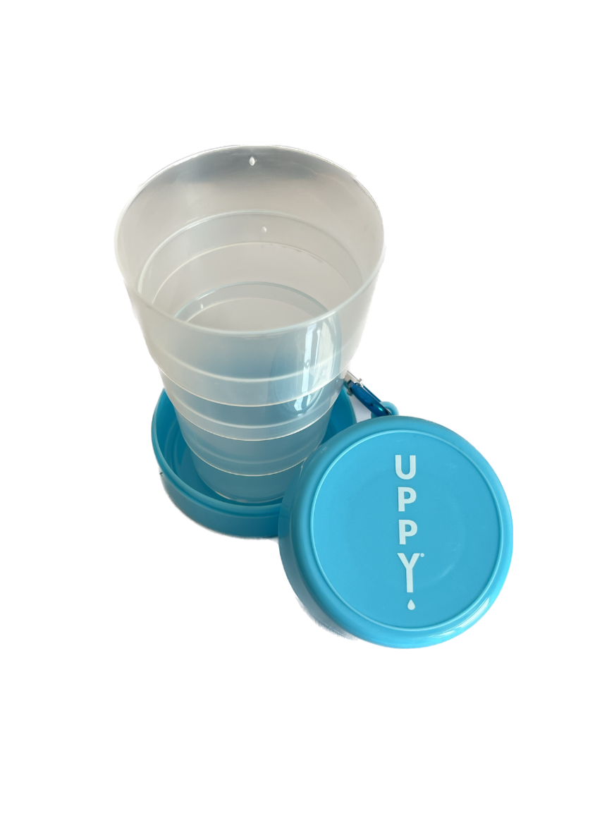 Collapsible travel cup with built in tablet holder carabiner clip and four tier expandable design