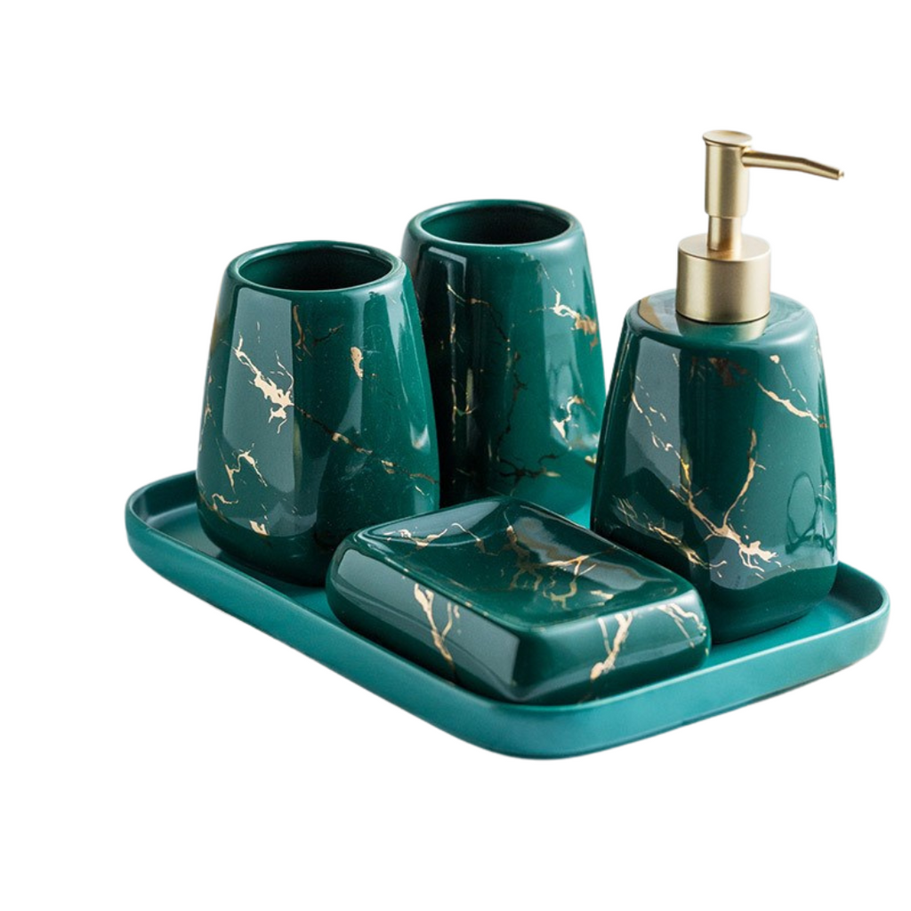 Ceramic bathroom soap dispenser and toothbrush holder set with modern golden marble effect