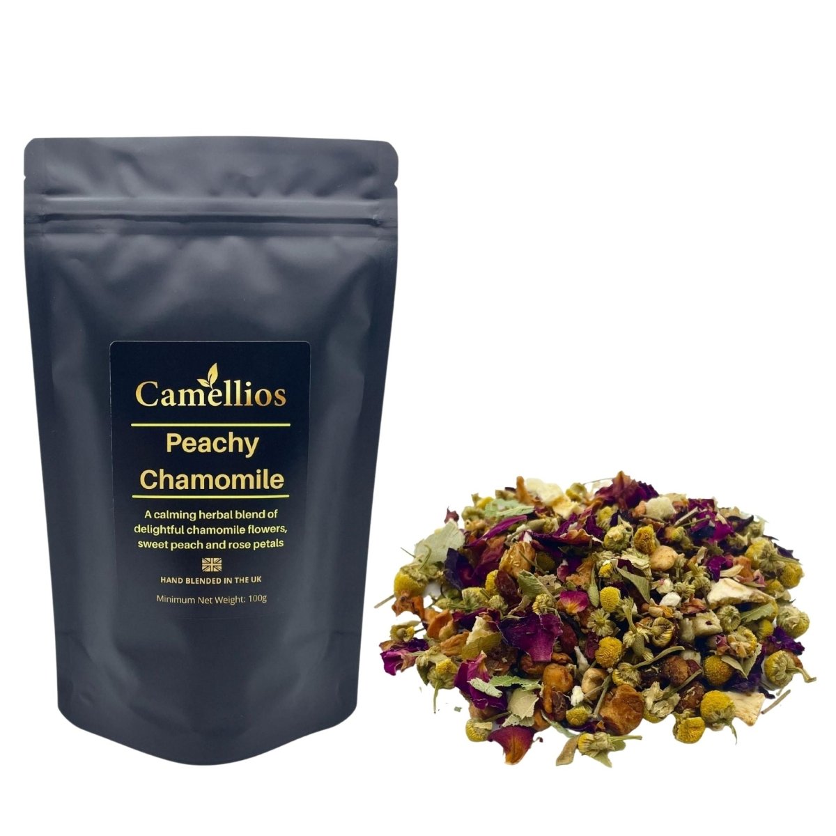 Peachy chamomile loose leaf herbal tea blend with dried flowers and sweet peach pieces — view 2