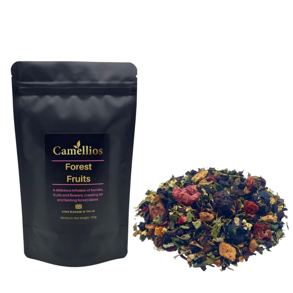 Forest fruits loose leaf tea blend with dried berries, apple pieces, and hibiscus flowers. — view 2