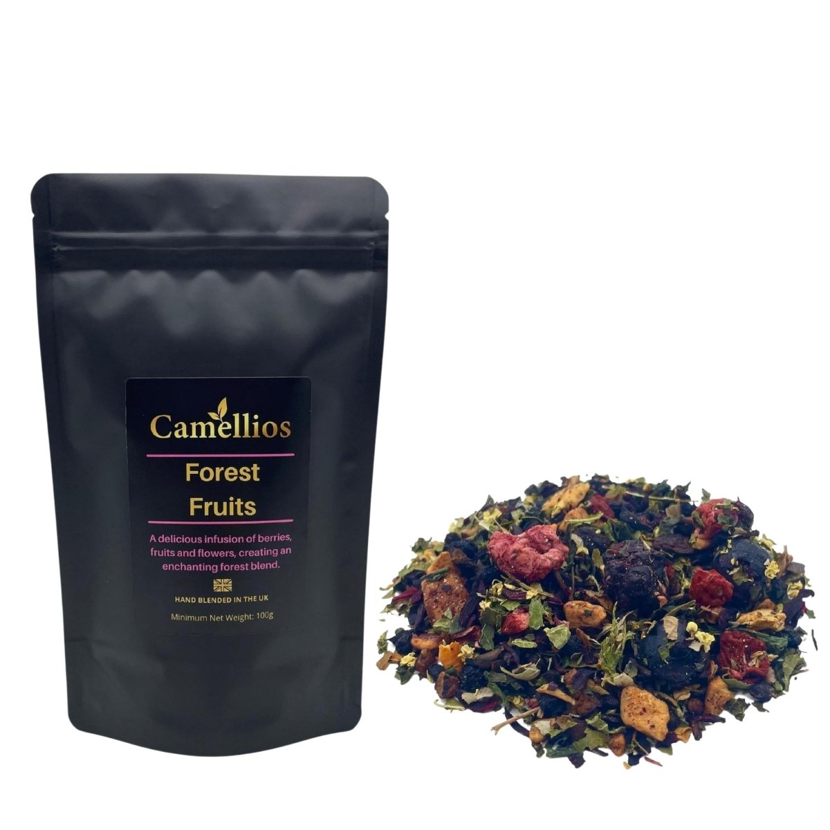 Forest fruits loose leaf tea blend with dried berries, apple pieces, and hibiscus flowers. — view 2