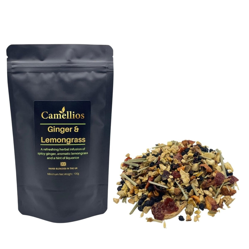 Ginger and lemongrass loose leaf tea blend with dried herbs and fruits in a cup — view 2