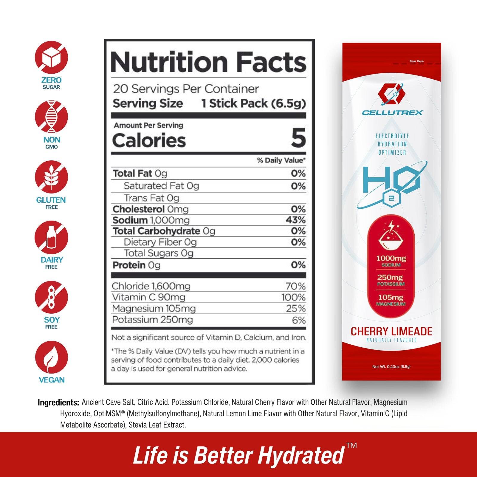 Cherry limeade zero sugar electrolyte powder packaging with Cellutrex branding and Himalayan salt callouts — view 2