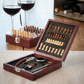 Chess wine accessory set in wooden case with stainless steel tools and mini chess pieces