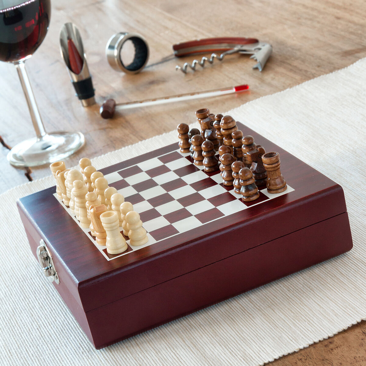 Chess wine accessory set in wooden case with stainless steel tools and mini chess pieces — view 8