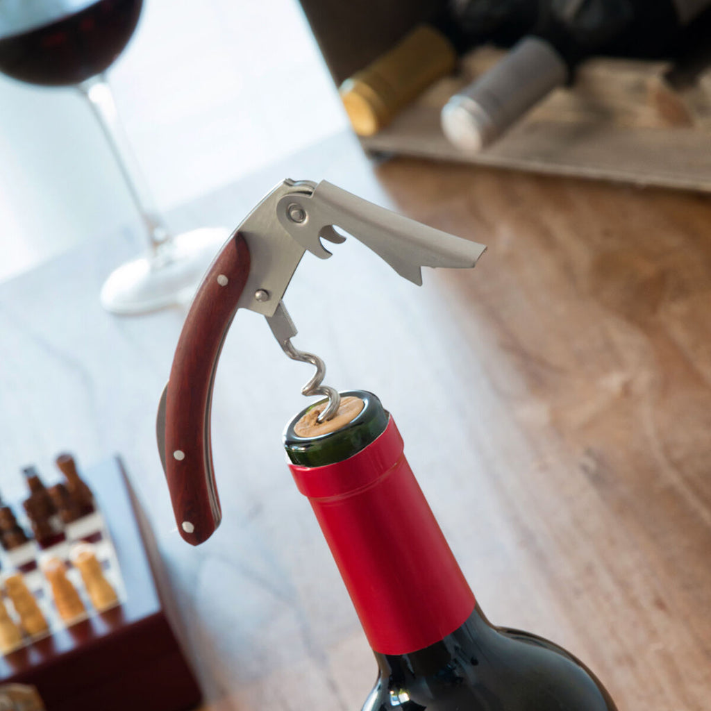 Chess wine accessory set in wooden case with stainless steel tools and mini chess pieces — view 7