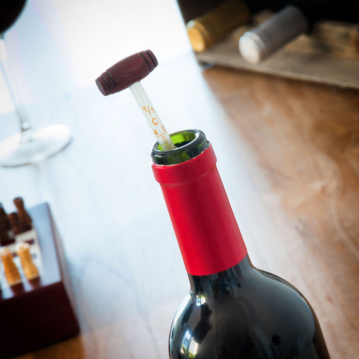 Chess wine accessory set in wooden case with stainless steel tools and mini chess pieces — view 6