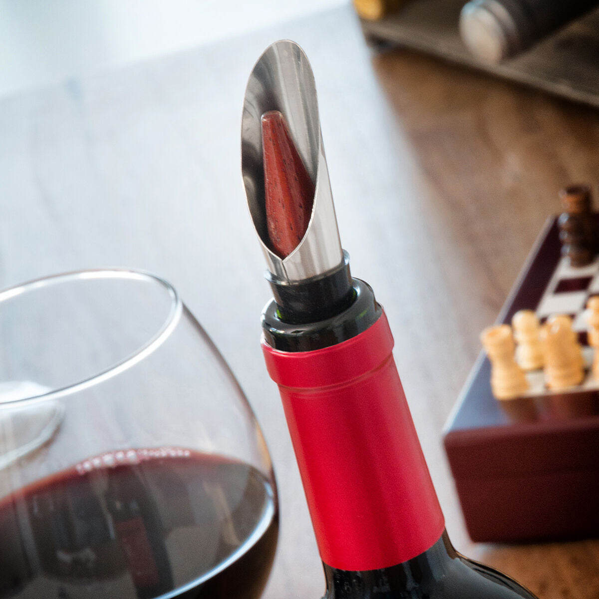 Chess wine accessory set in wooden case with stainless steel tools and mini chess pieces — view 5