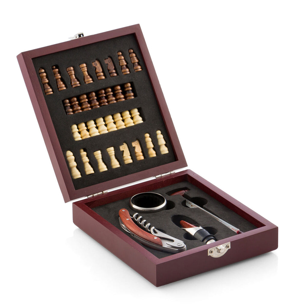 Chess wine accessory set in wooden case with stainless steel tools and mini chess pieces — view 4