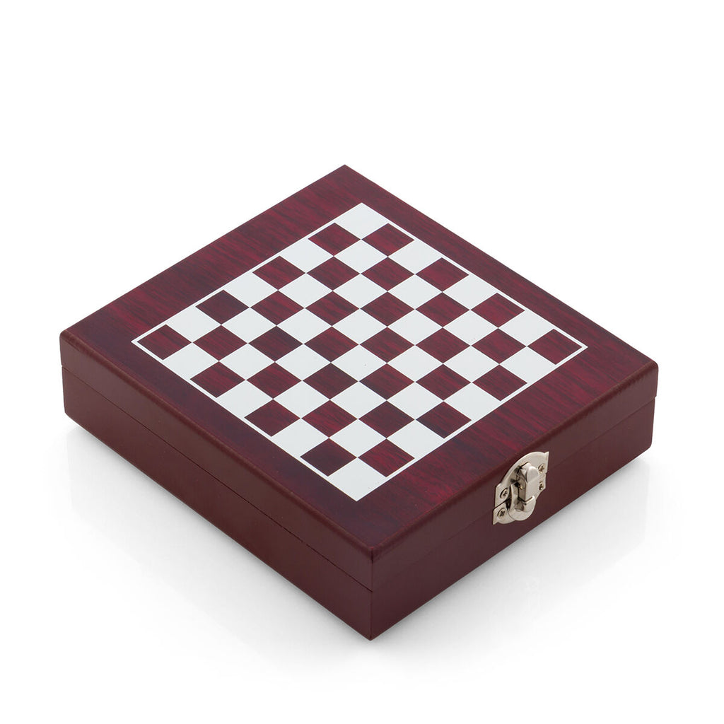 Chess wine accessory set in wooden case with stainless steel tools and mini chess pieces — view 3