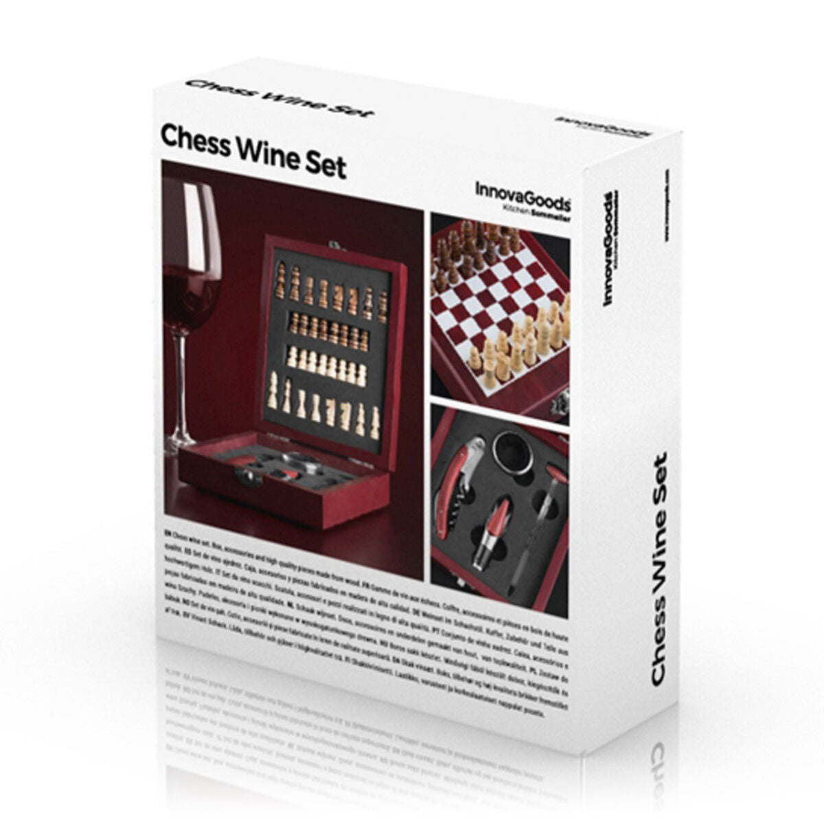 Chess wine accessory set in wooden case with stainless steel tools and mini chess pieces — view 2