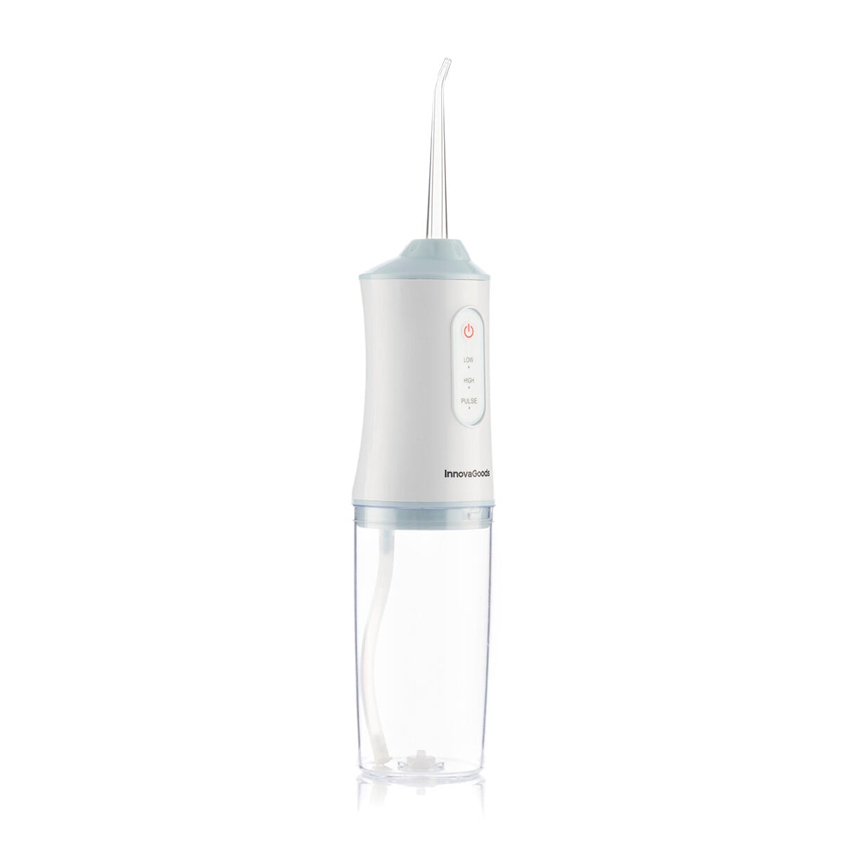 Portable blue and white cordless water flosser with interchangeable cleaning heads and USB cable. — view 4