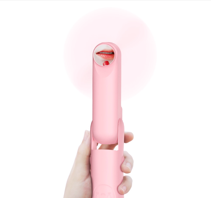 Pink pocket sized handheld mini fan with built-in power bank and transformable folding design