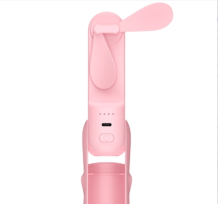 Pink pocket sized handheld mini fan with built-in power bank and transformable folding design — view 2