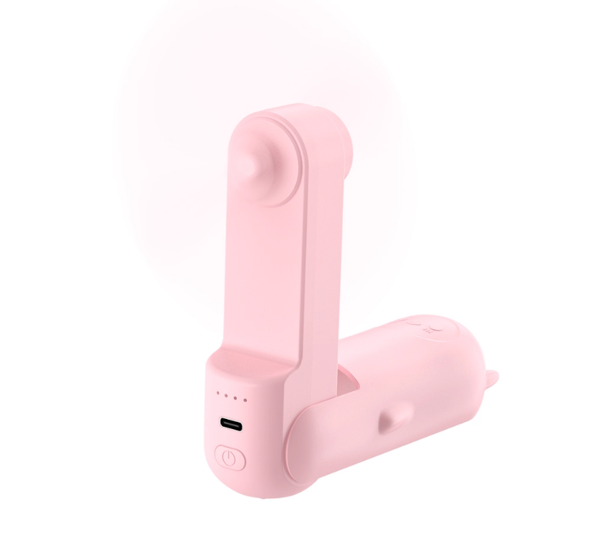Pink pocket sized handheld mini fan with built-in power bank and transformable folding design — view 3