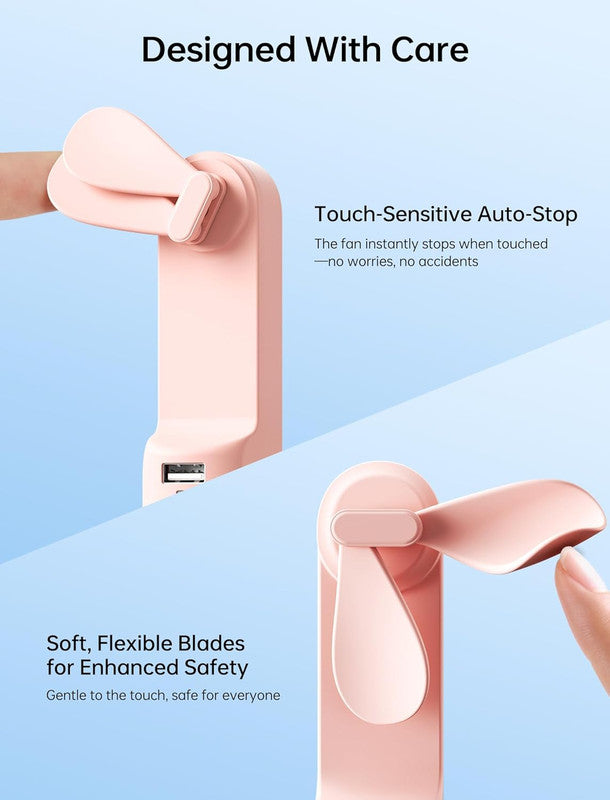Pink pocket sized handheld mini fan with built-in power bank and transformable folding design — view 4