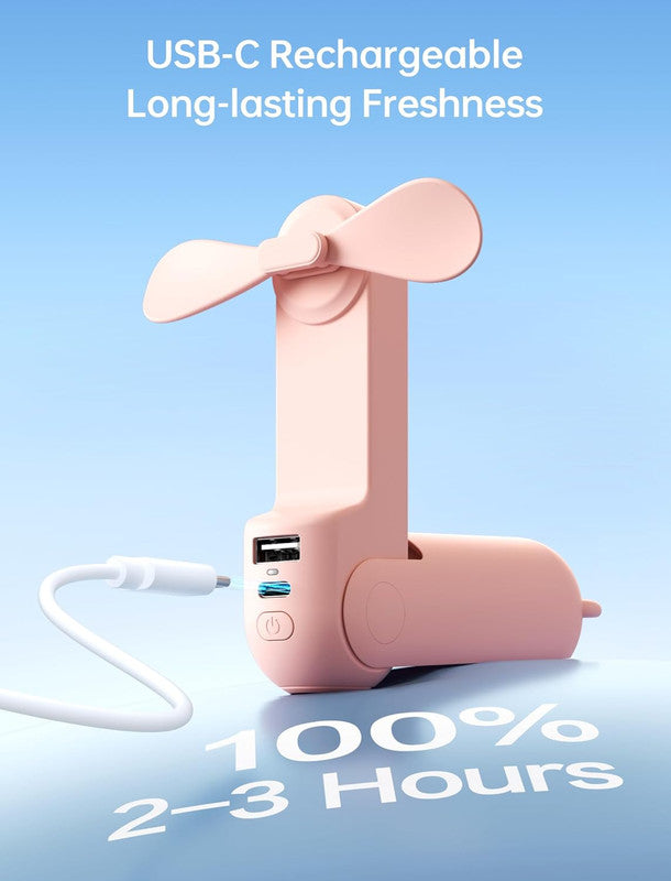Pink pocket sized handheld mini fan with built-in power bank and transformable folding design — view 5
