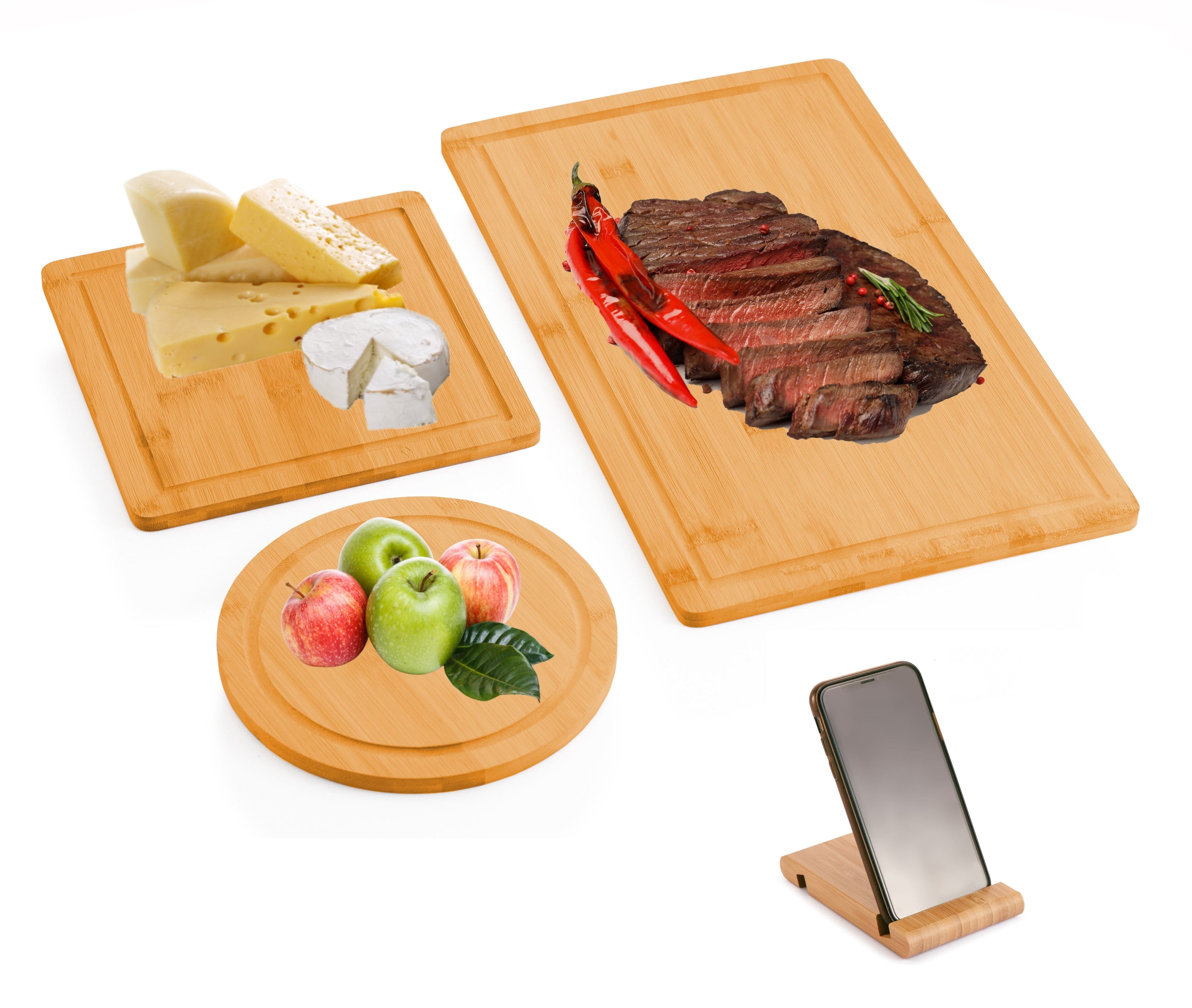 Three piece natural bamboo cutting board set with juice groove and matching mobile phone holder