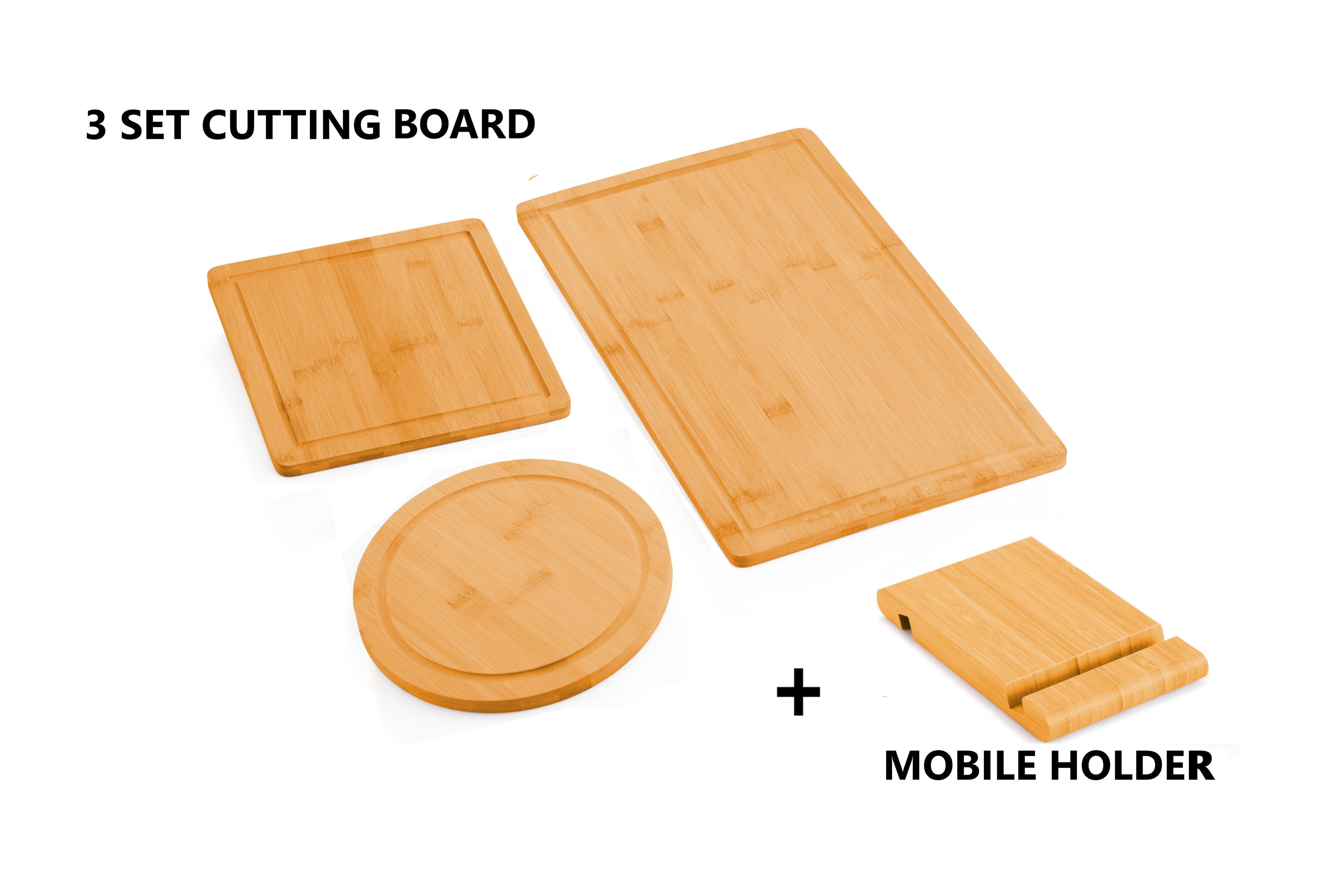 Three piece natural bamboo cutting board set with juice groove and matching mobile phone holder — view 4