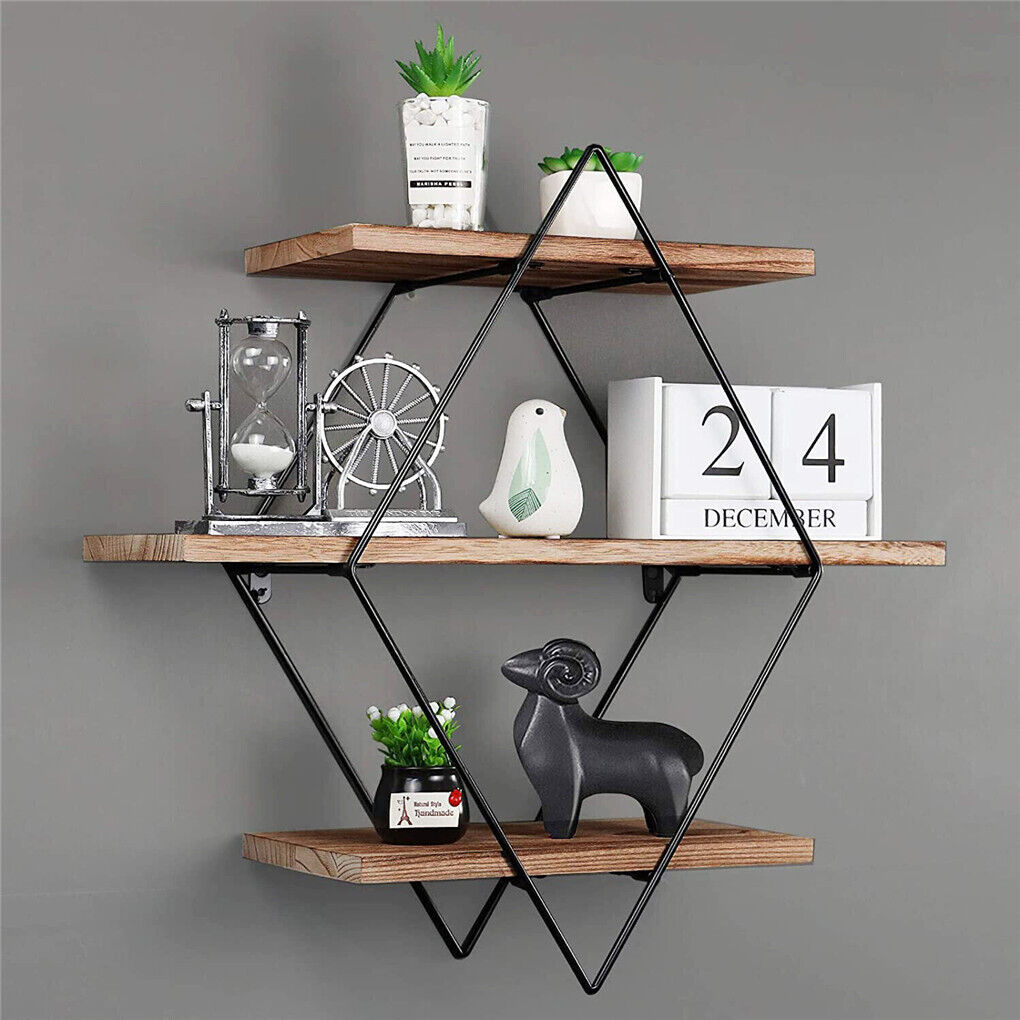 Vintage rustic floating shelves with three tiers, diamond shaped black iron frame and natural pine wood
