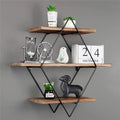 Vintage rustic floating shelves with three tiers, diamond shaped black iron frame and natural pine wood