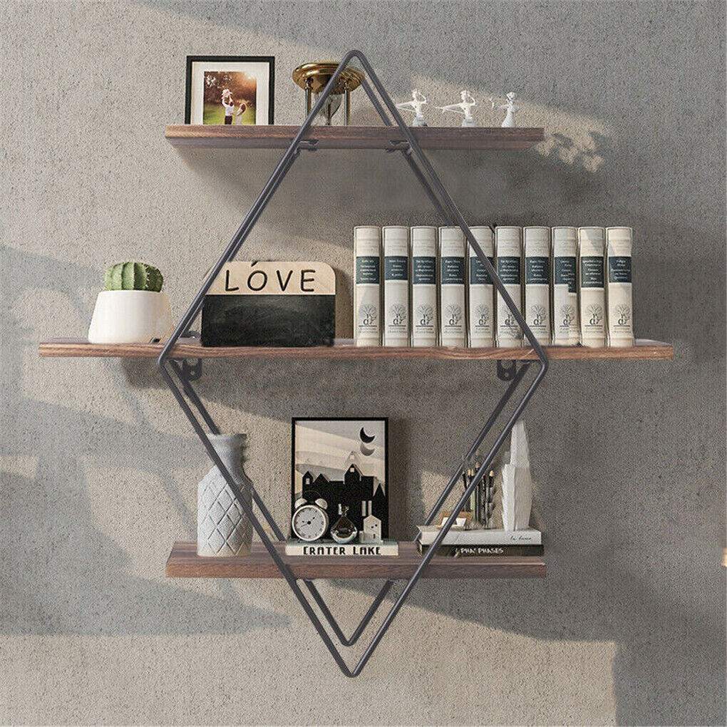 Vintage rustic floating shelves with three tiers, diamond shaped black iron frame and natural pine wood — view 2