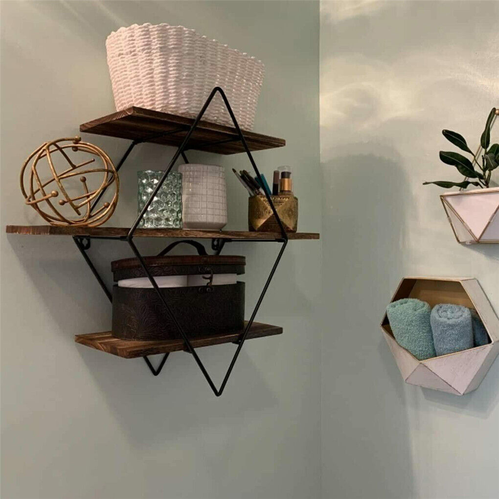 Vintage rustic floating shelves with three tiers, diamond shaped black iron frame and natural pine wood — view 3