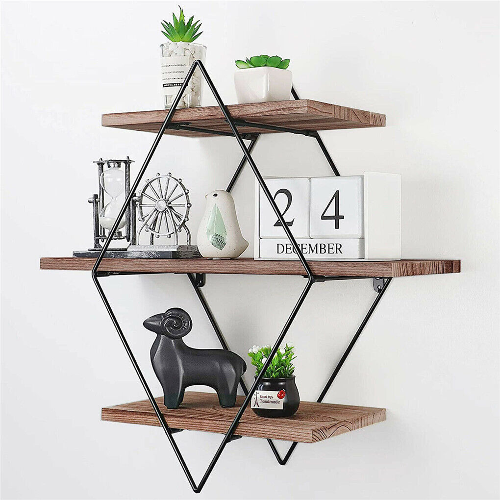 Vintage rustic floating shelves with three tiers, diamond shaped black iron frame and natural pine wood — view 4