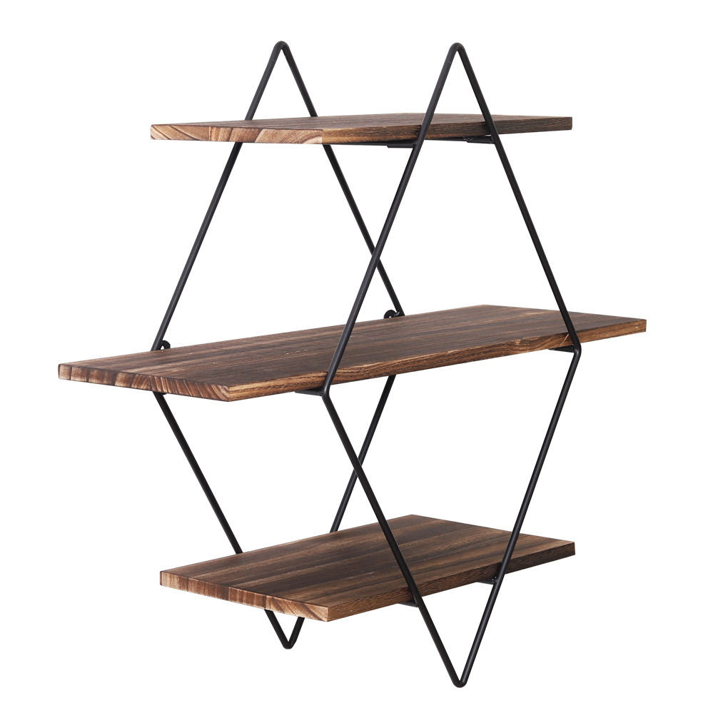 Vintage rustic floating shelves with three tiers, diamond shaped black iron frame and natural pine wood — view 5