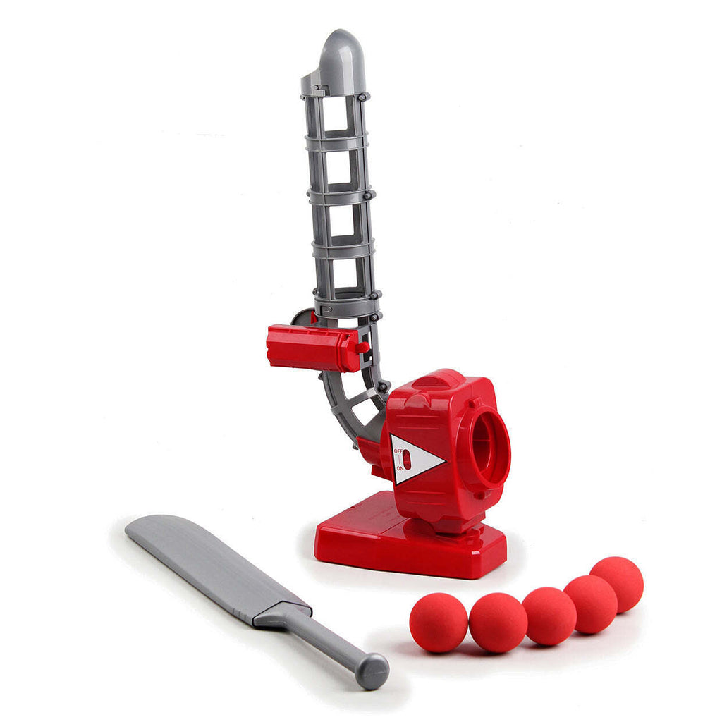 Red and grey automatic cricket ball pitcher with a telescopic bat and five soft EVA balls.