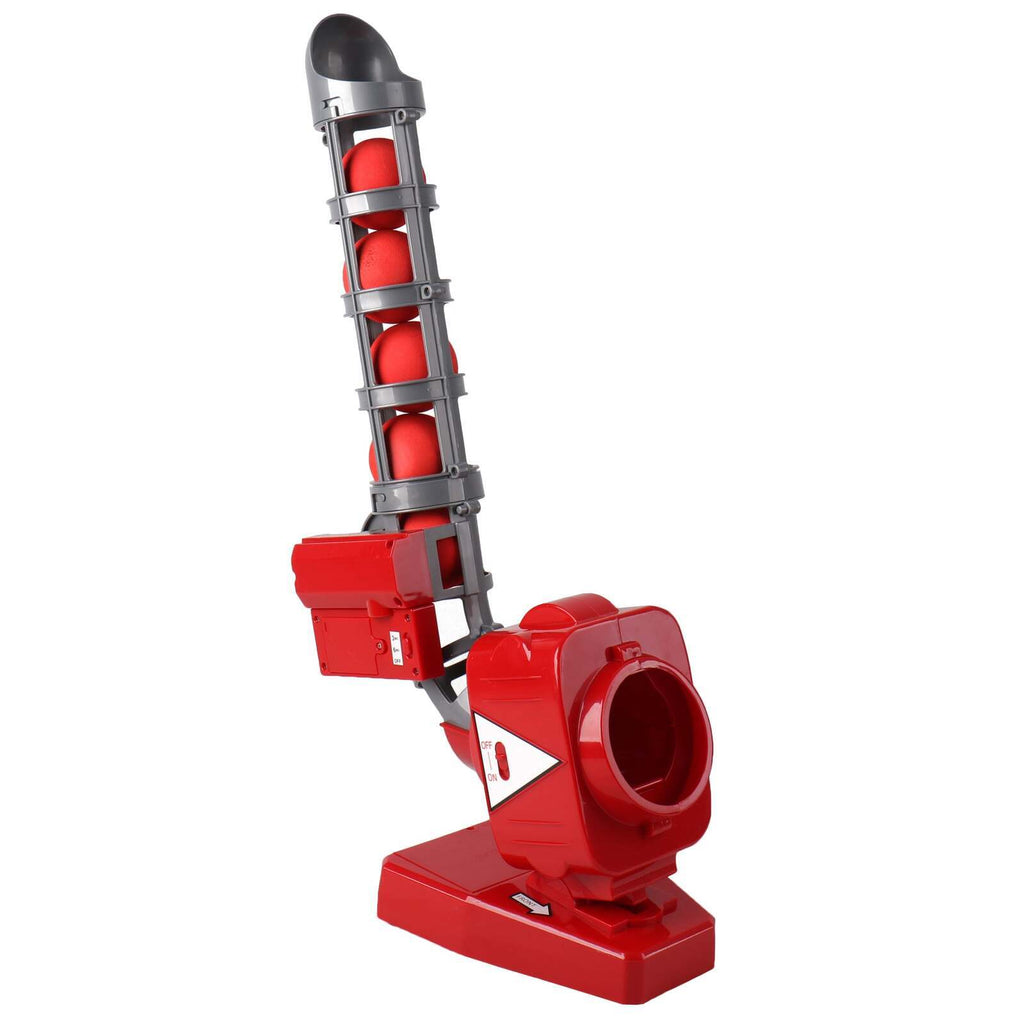 Red and grey automatic cricket ball pitcher with a telescopic bat and five soft EVA balls. — view 2