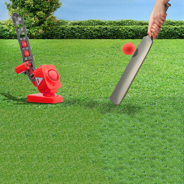 Red and grey automatic cricket ball pitcher with a telescopic bat and five soft EVA balls. — view 3