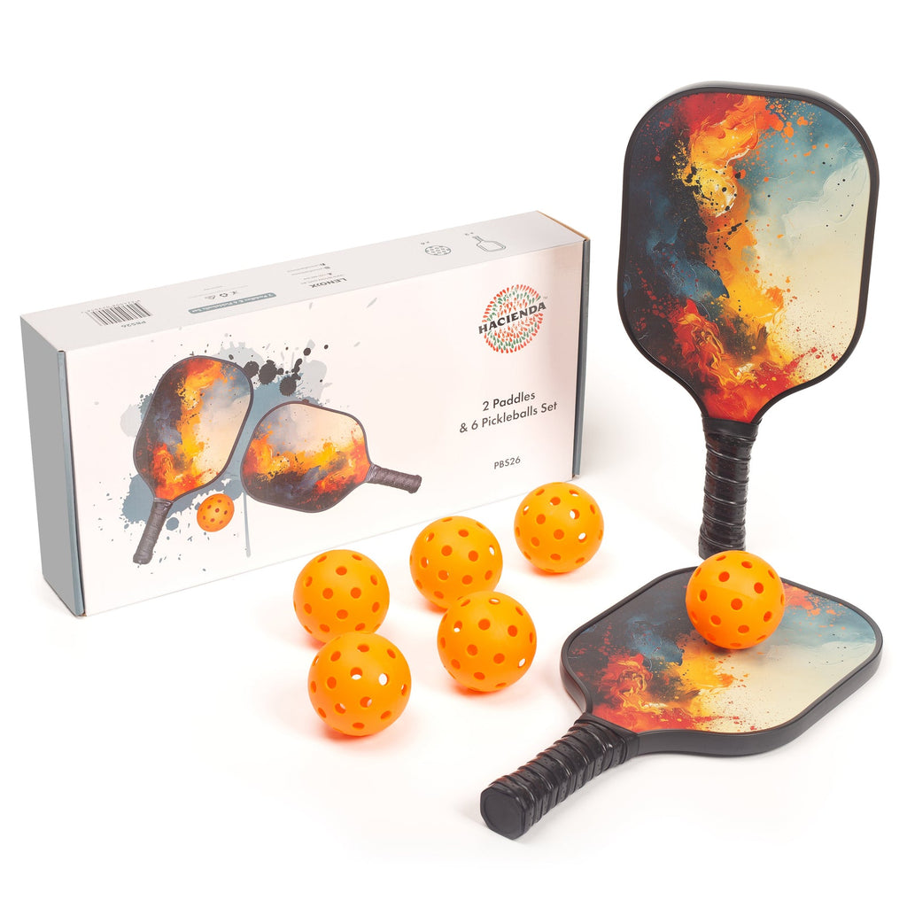 Pickleball set featuring two fiberglass paddles and six orange aerodynamic TPE balls for precision gameplay