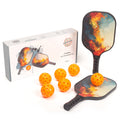 Pickleball set featuring two fiberglass paddles and six orange aerodynamic TPE balls for precision gameplay