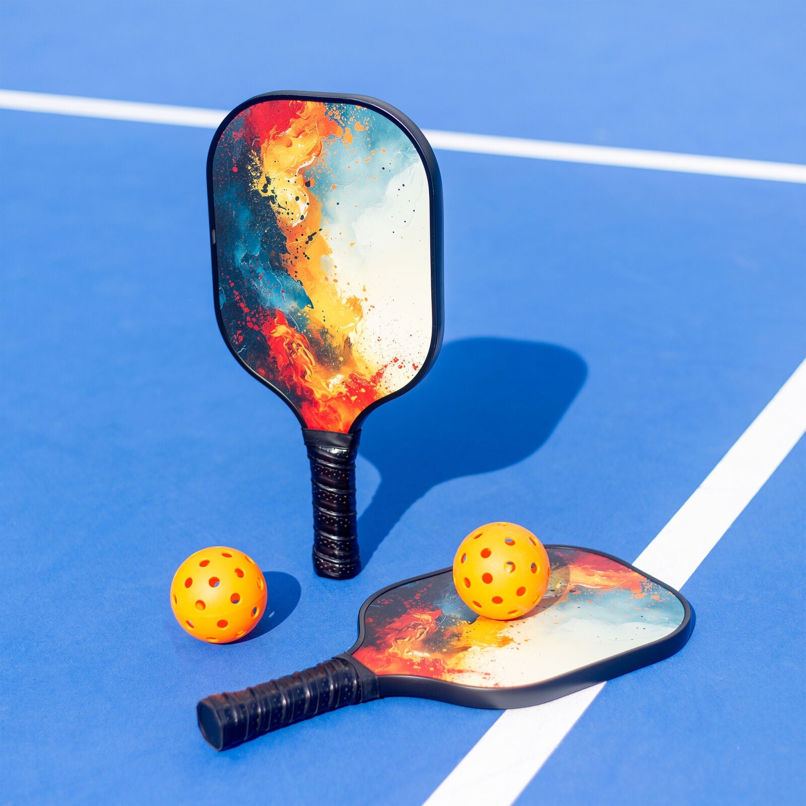 Pickleball set featuring two fiberglass paddles and six orange aerodynamic TPE balls for precision gameplay — view 2