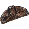 Camouflage portable compound bow bag with arrow pocket and padded shoulder strap for outdoor archery.