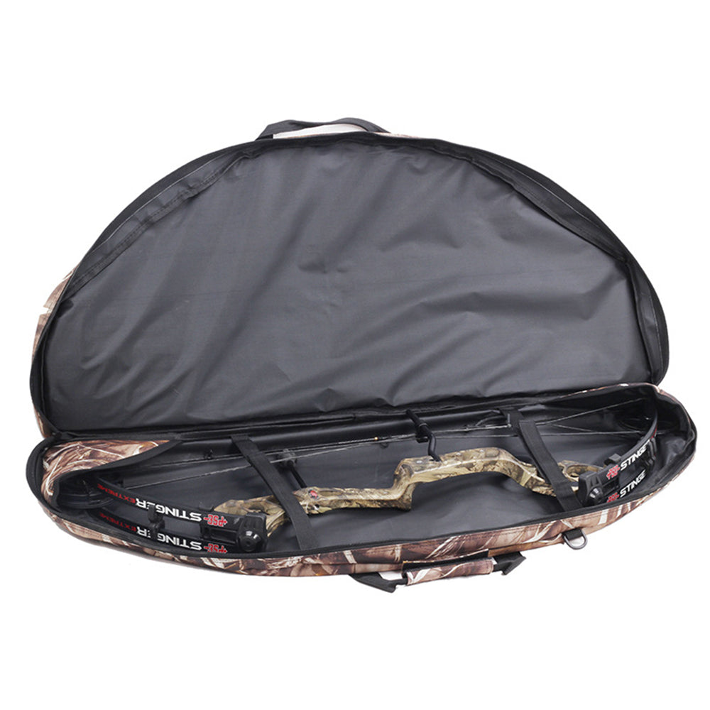 Camouflage portable compound bow bag with arrow pocket and padded shoulder strap for outdoor archery. — view 2