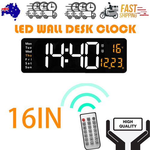 Large rectangular black LED digital wall clock with vibrant orange numbers showing time and temperature.