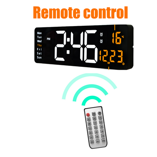 Large rectangular black LED digital wall clock with vibrant orange numbers showing time and temperature. — view 2