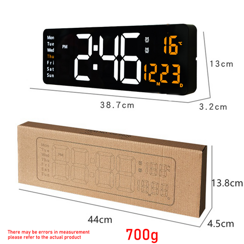 Large rectangular black LED digital wall clock with vibrant orange numbers showing time and temperature. — view 4