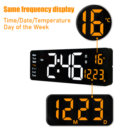 Large rectangular black LED digital wall clock with vibrant orange numbers showing time and temperature. — view 5