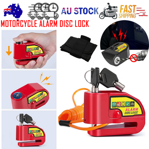 Red motorcycle alarm disc lock made of iron with reminder cable and two keys