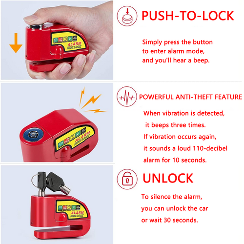 Red motorcycle alarm disc lock made of iron with reminder cable and two keys — view 2