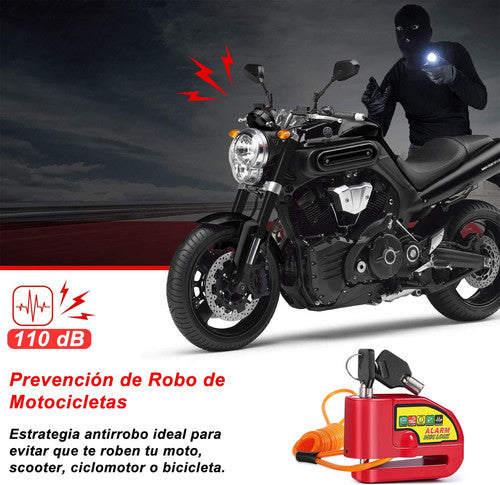 Red motorcycle alarm disc lock made of iron with reminder cable and two keys — view 3